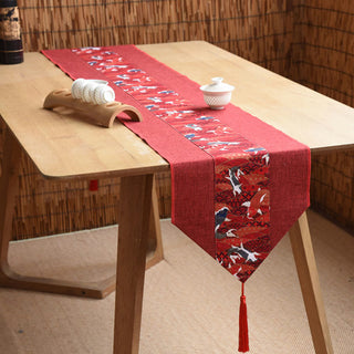 Buddha Gift Classic Chinese Style Lotus Koi Fish Flower Crane Calligraphy Enlightenment Cotton Linen Tassels Table Runner