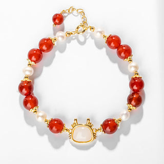 Buddha Gift 14K Gold Plated Year Of The Dragon Natural Red Agate Pearl Protection Fu Character Chain Bracelet (Extra 30% Off | USE CODE: FS30)