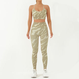 Buddha Gift 2Pcs Camo Print Backless Criss-Cross Strap Top Bra Shorts Leggings Pants Fitness Yoga Outfit Set