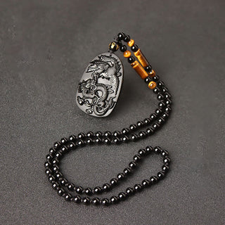 Buddha Gift Black Obsidian Tiger Eye Dragon Phoenix Protection Beaded Necklace Pendant