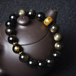 Buddha Gift Chinese Zodiac Natal Buddha Gold Sheen Obsidian Wealth Protection Bracelet