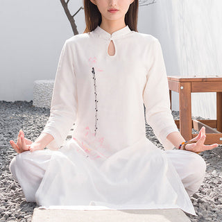 Buddha Gift 2Pcs Lotus Pattern Tai Chi Meditation Yoga Cotton Linen Clothing Top Pants Women's Set
