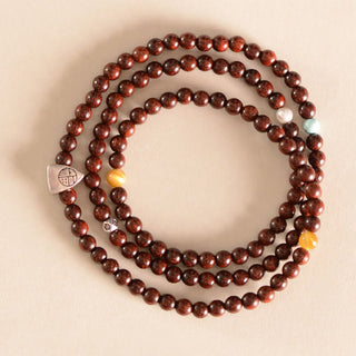 Buddha Gift 925 Sterling Silver Indian Small Leaf Red Sandalwood Fu Character Protection Triple Wrap Bracelet