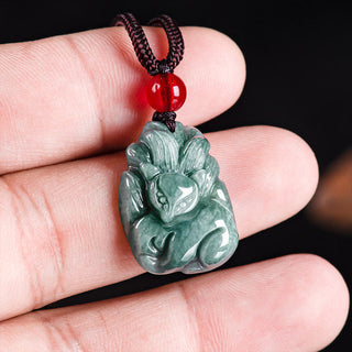 Buddha Gift Natural Green Jade Nine Tailed Fox Engraved Prosperity Necklace Pendant