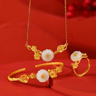 Buddha Gift 925 Sterling Silver Plated Gold Hetian Jade  Plum Blossom Luck Necklace Pendant Bracelet Bangle Ring