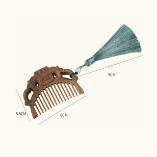 Buddha Gift Green Sandalwood Fox Peony Flower Lotus Engraved Cure Tassel Comb