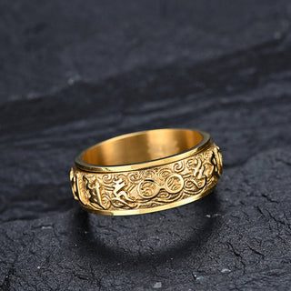 Buddha Gift Six True Words Balance Calm Titanium Steel Ring