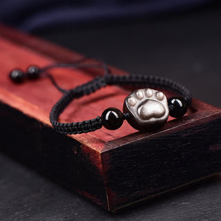 Buddha Gift Natural Silver Sheen Obsidian Gold Sheen Obsidian Cute Cat Paw Claw Protection Rope Bracelet