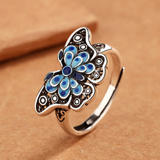 Buddha Gift Hollow Enamel Blue Butterfly Pattern Love Ring