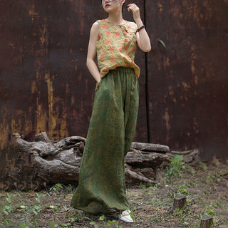 Buddha Gift Green Yellow Ramie Linen Flexible Waistband Wide Leg Pants With Pockets