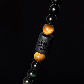 Buddha Gift Natural Black Obsidian Rainbow Obsidian Gourd Blessing Bracelet Mala