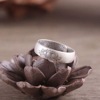 Buddha Gift 999 Sterling Silver Lotus Elephant Six True Words Blessing Ring
