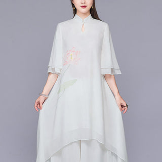 Buddha Gift 2Pcs Lotus Flower Cheongsam Midi Dress Wide Leg Pants Chiffon Zen Women's Set