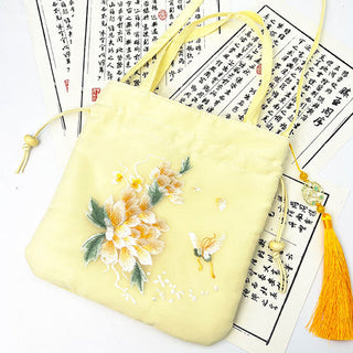 Buddha Gift Lotus Peony Epiphyllum Phoenix Suzhou Embroidery Cotton Linen Tote Crossbody Bag Shoulder Bag Handbag