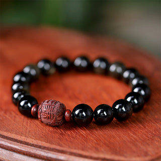 Buddha Gift Natural Gold Sheen Obsidian Rainbow Obsidian Om Mani Padme Hum Fu Character Healing Bracelet