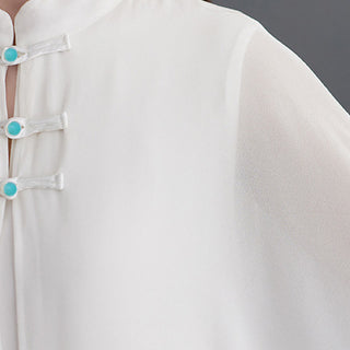 Buddha Gift 2Pcs Frog-Button Long Sleeve Midi Dress Wide Leg Pants Chiffon Zen Women's Set