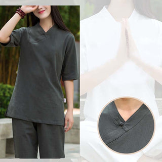Buddha Gift 2Pcs Half Sleeve V-Neck Shirt Top Pants Meditation Zen Tai Chi Linen Clothing Women's Set