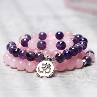 Buddha Gift Natural Rose Quartz & Amethyst Mala Bead Lotus Pendant Bracelet