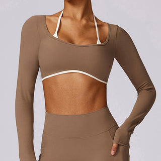 Buddha Gift Solid Color Halter Neck Bra Long Sleeve Crop Tank Top Pants Sports Fitness Gym Yoga Outfits