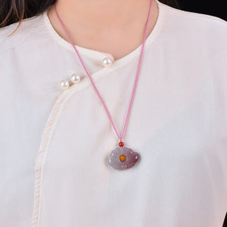 Buddha GiftPink Golden Silk Jade Lotus Flower Wealth Necklace Pendant