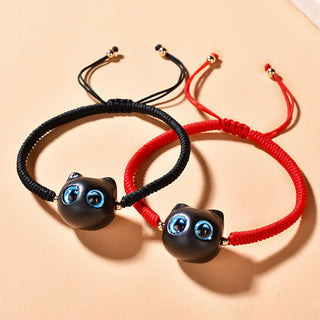 Buddha Gift Ebony Wood Cat Head Pattern Peace King Kong Knot Braided Bracelet