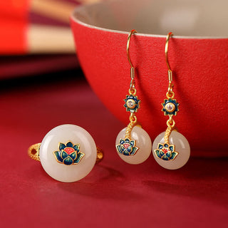 Buddha Gift 925 Sterling Silver Plated Gold Hetian Jade Lotus Luck Ring Earrings Set