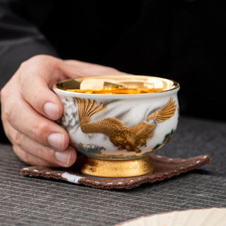 Buddha Gift Golden Eagle Auspicious Dragon Sun Ocean Waves Gilt Ceramic Teacup Kung Fu Tea Cup