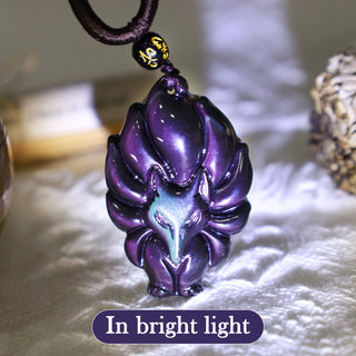 Buddha Gift Natural Rainbow Obsidian Gold Sheen Obsidian Nine Tailed Fox Positive Necklace Pendant