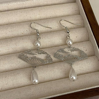 Buddha Gift Copper Fan Auspicious Clouds Pearl Healing Drop Earrings