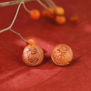 Buddha Gift Natural Peach Wood Chinese Zodiac Fu Character Carved Cinnabar Wealth Bracelet