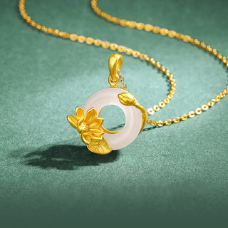 Buddha Gift Natural White Chalcedony Peace Buckle Lotus Pendant S925 Sterling Silver Necklace