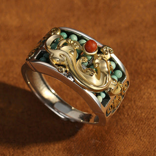 Buddha Gift 925 Sterling Silver Turquoise Red Agate PiXiu Abacus Protection Ring