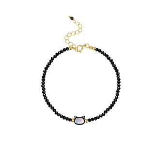 Buddha Gift 14K Gold Plated Black Spinel White Crystal Cute Cat Tridacna Stone Healing Bracelet
