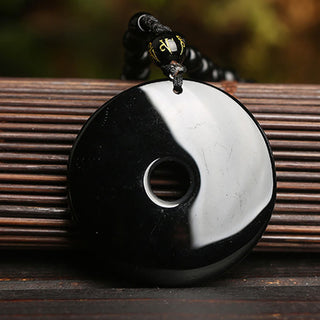 Buddha Gift Natural Black Obsidian Peace Buckle Pixiu Bead Rope Strength Necklace Pendant