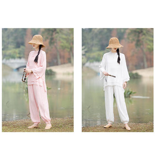 Buddha Gift 2Pcs Plain Design Top Pants Meditation Yoga Zen Tai Chi Cotton Linen Clothing Women's Set