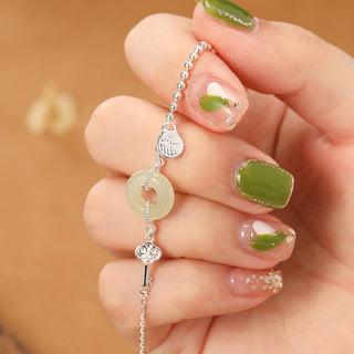 Buddha Gift 925 Sterling Silver Hetian Jade Peace Buckle Fu Character Luck Chain Bracelet