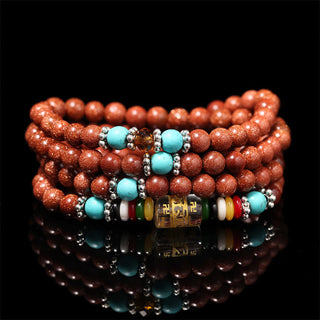 Buddha Gift 108 Mala Beads Goldstone Om Mani Padme Hum Swastika Confidence Bracelet