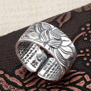 Buddha Gift 999 Sterling Silver Lotus Symbol Heart Sutra Protection Ring