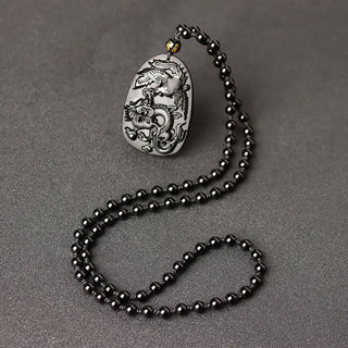 Buddha Gift Black Obsidian Tiger Eye Dragon Phoenix Protection Beaded Necklace Pendant