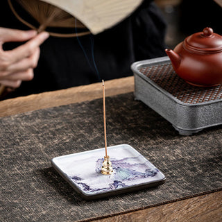 Buddha Gift Mountain Lake Flower Leaf Healing Ceramic Plate Tray Stick Incense Burner Decoration