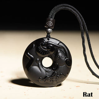 Buddha Gift Chinese Zodiac Natural Black Obsidian Peace Buckle Strength Necklace Pendant