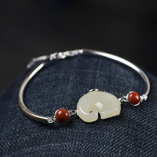 Buddha Gift 925 Sterling Silver Elephant Hetian Jade Abundance Necklace Pendant Bracelet Ring Earrings Set