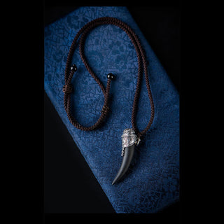 Buddha Gift 925 Sterling Silver Black Obsidian Wolf Tooth Pattern Strength Necklace Pendant