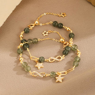 Buddha Gift 14K Gold Green Rutilated Quartz Möbius Loop Eternal Love Star Protection Bracelet