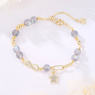 Buddha Gift 14K Gold Plated Natural Strawberry Quartz Moonstone Möbius Loop Eternal Love Star Positive Bracelet