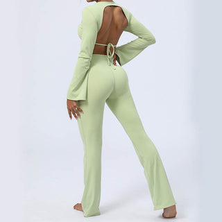 Buddha Gift Long Sleeve Backless Strap Top Bra Flare Pants Fitness Yoga Outfit