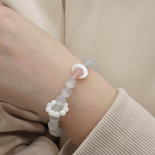 Buddha Gift 925 Sterling Silver Natural Amethyst Aquamarine Pink Crystal Cat's Eye Healing Crescent Moon Bracelet