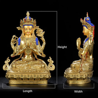 Buddha Gift Chenrezig Four-armed Avalokitesvara Protection Copper Gold Plated Statue Decoration