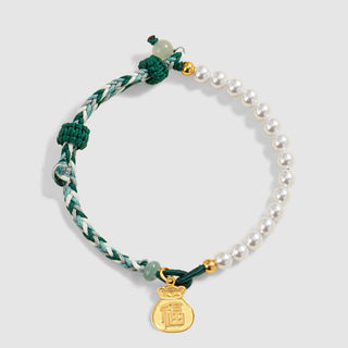 Buddha Gift 925 Sterling Silver Fu Character Lucky Bag Pearl Hetian Jade Wisdom Rope Bracelet
