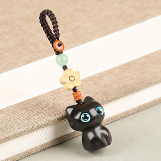 Buddha Gift Mini Small Leaf Red Sandalwood Ebony Wood Lucky Cat Lovely Kitty Peace Key Chain Phone Hanging Decoration